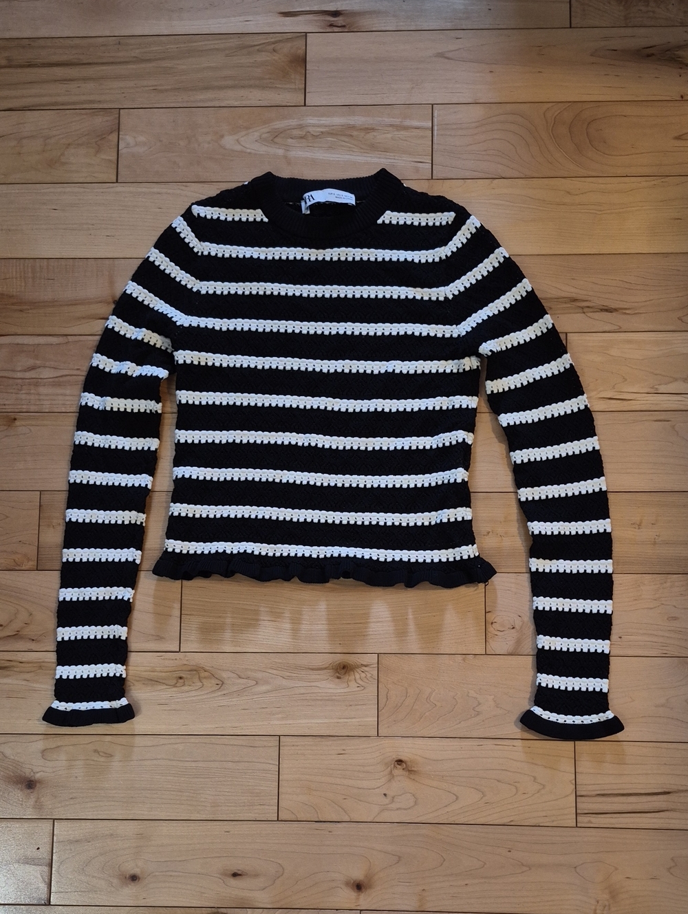 Zara Women's Size Small Black & White Striped Crochet Sweater